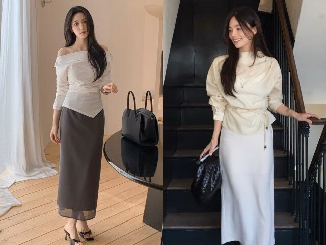 Áo blouse với chi tiết tay bồng tạo điểm nhấn nữ tính, cân bằng hoàn hảo với phom dáng suông của chân váy.